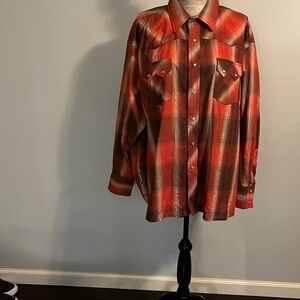 Rustler by Wrangler western cowboy rodeo fair ranch rust plaid long sleeve 3XL.